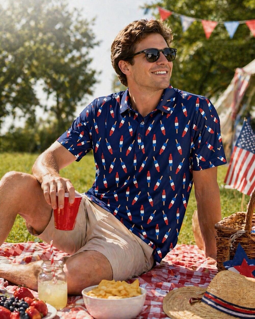 Birdie Bound Polo Shirt Small Patriotic Popsicle Print Performance Golf Picnic